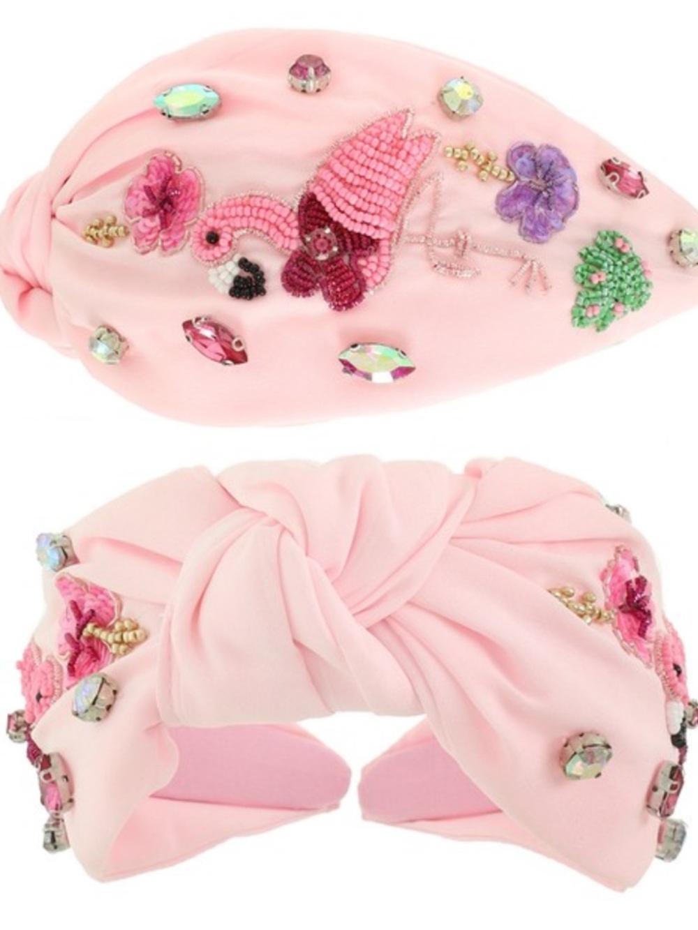 2032. Jeweled pink flamingo themed top knot headband